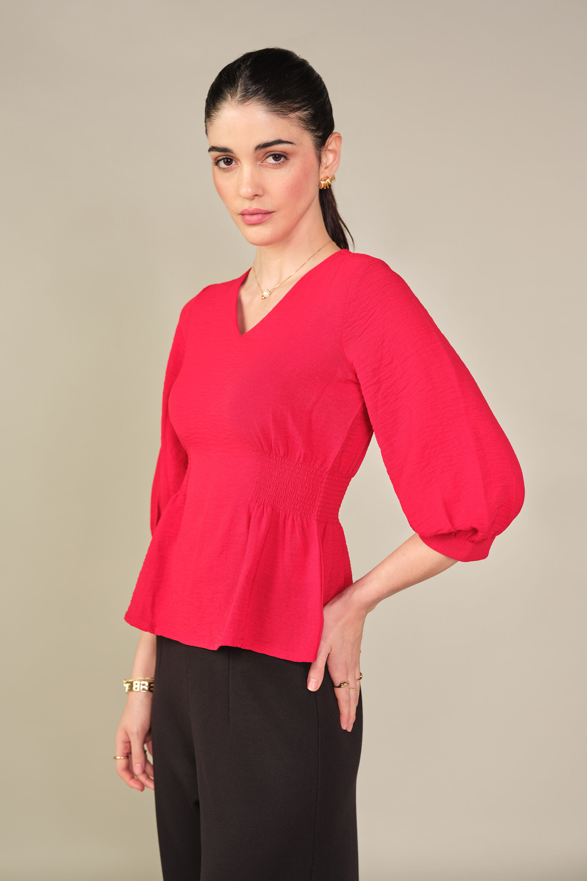 Side Smocked Top in Red, Red, image 3